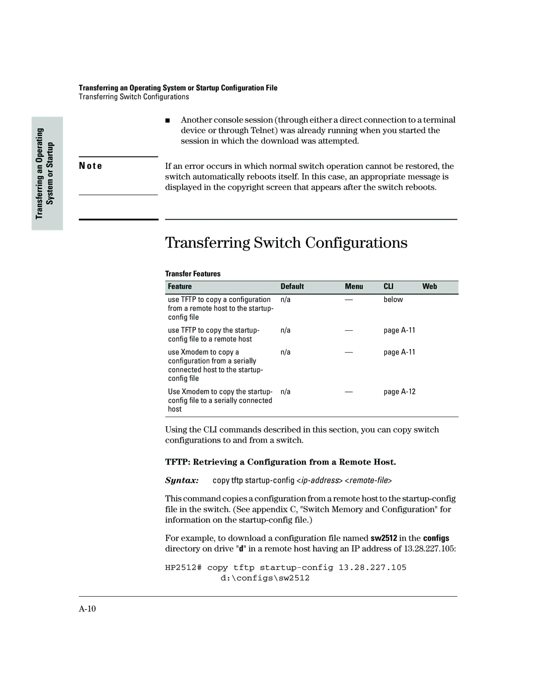 HP 2500 Transferring Switch Configurations, Session in which the download was attempted, Transfer Features Default Menu 