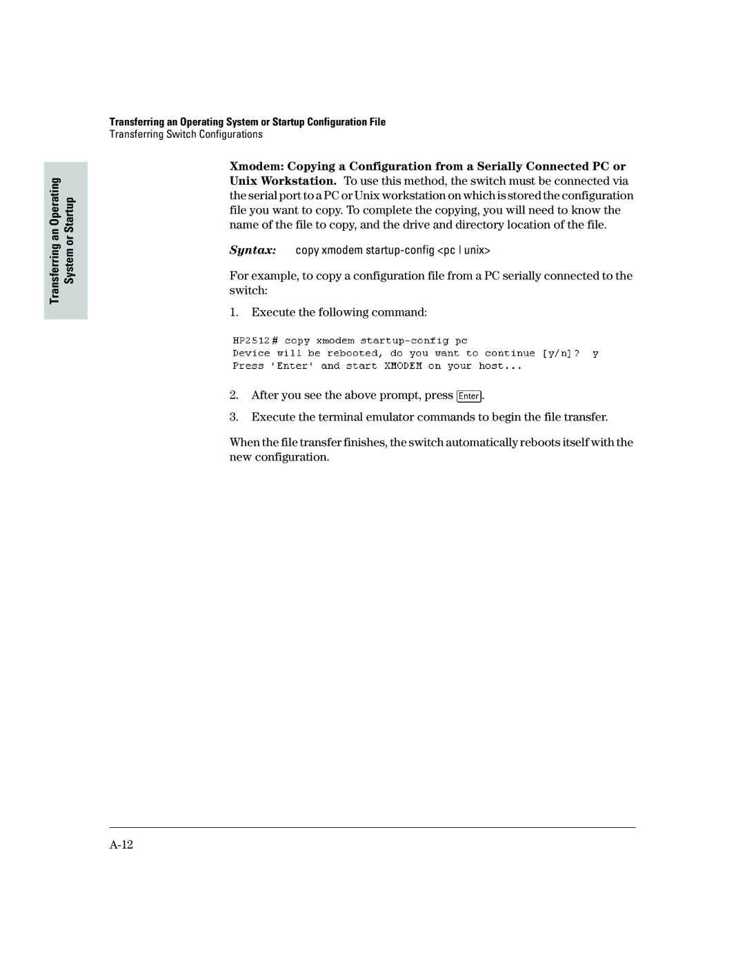 HP 2500 manual Syntax copy xmodem startup-config pc unix 