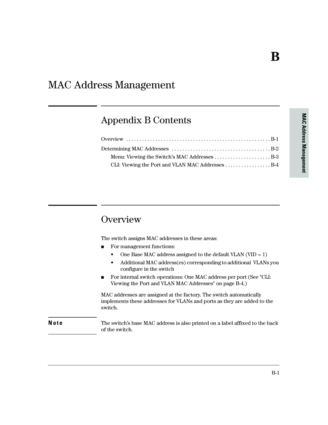 HP 2500 manual MAC Address Management, Appendix B Contents 