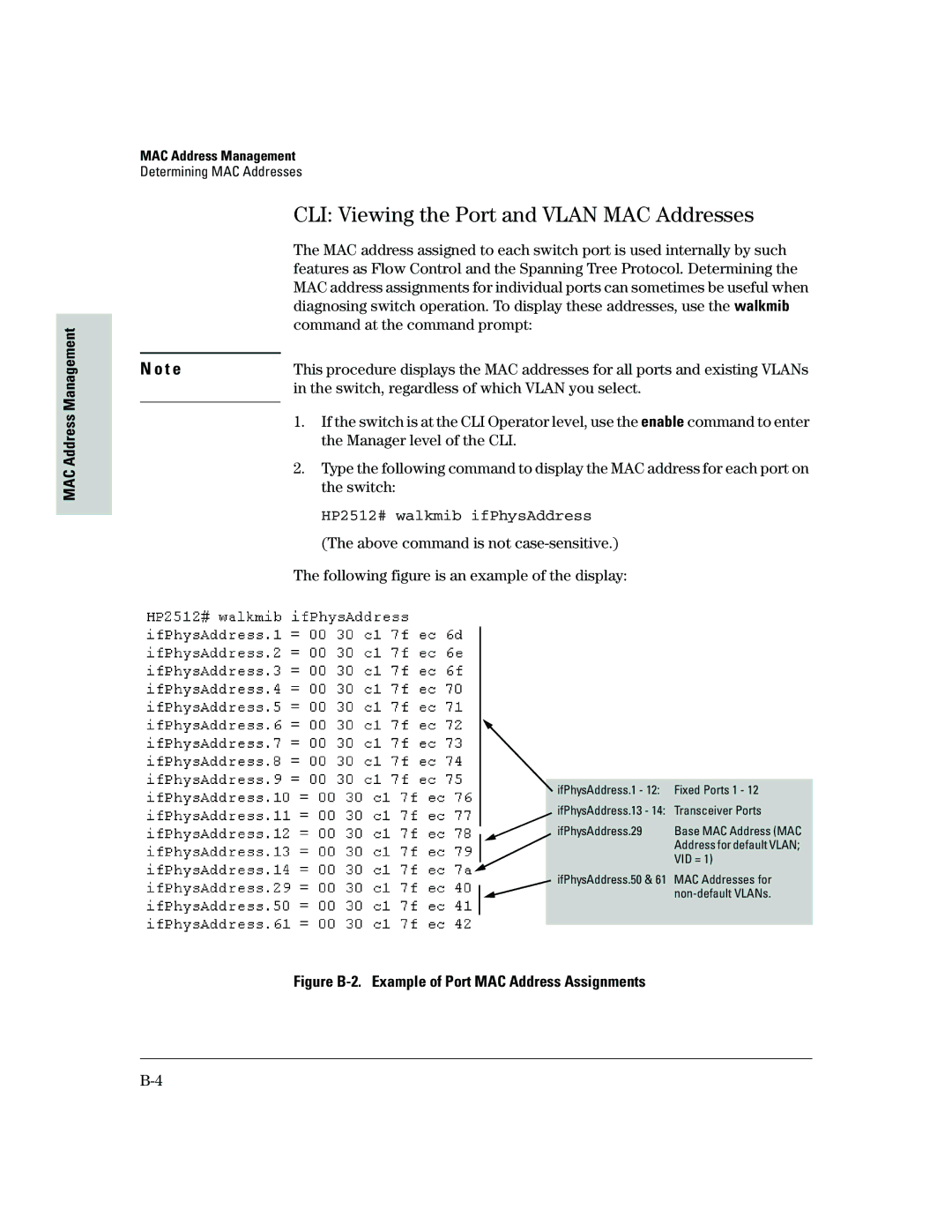 HP 2500 manual CLI Viewing the Port and Vlan MAC Addresses, HP2512# walkmib ifPhysAddress 