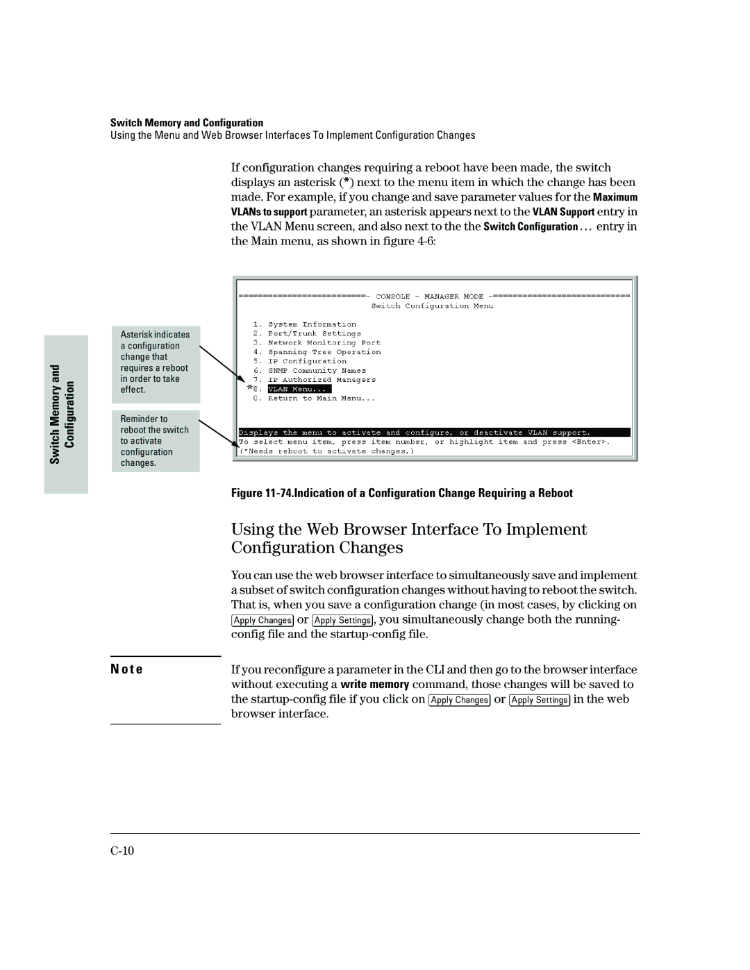 HP 2500 manual Using the Web Browser Interface To Implement, Configuration Changes, Config file and the startup-config file 