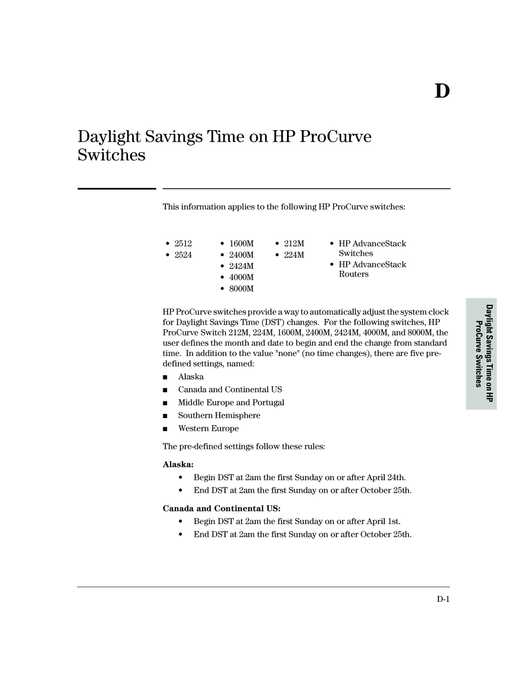 HP 2500 2524 2400M 224M Switches 2424M, Alaska, Canada and Continental US, Daylight Savings Time on HP ProCurve Switches 