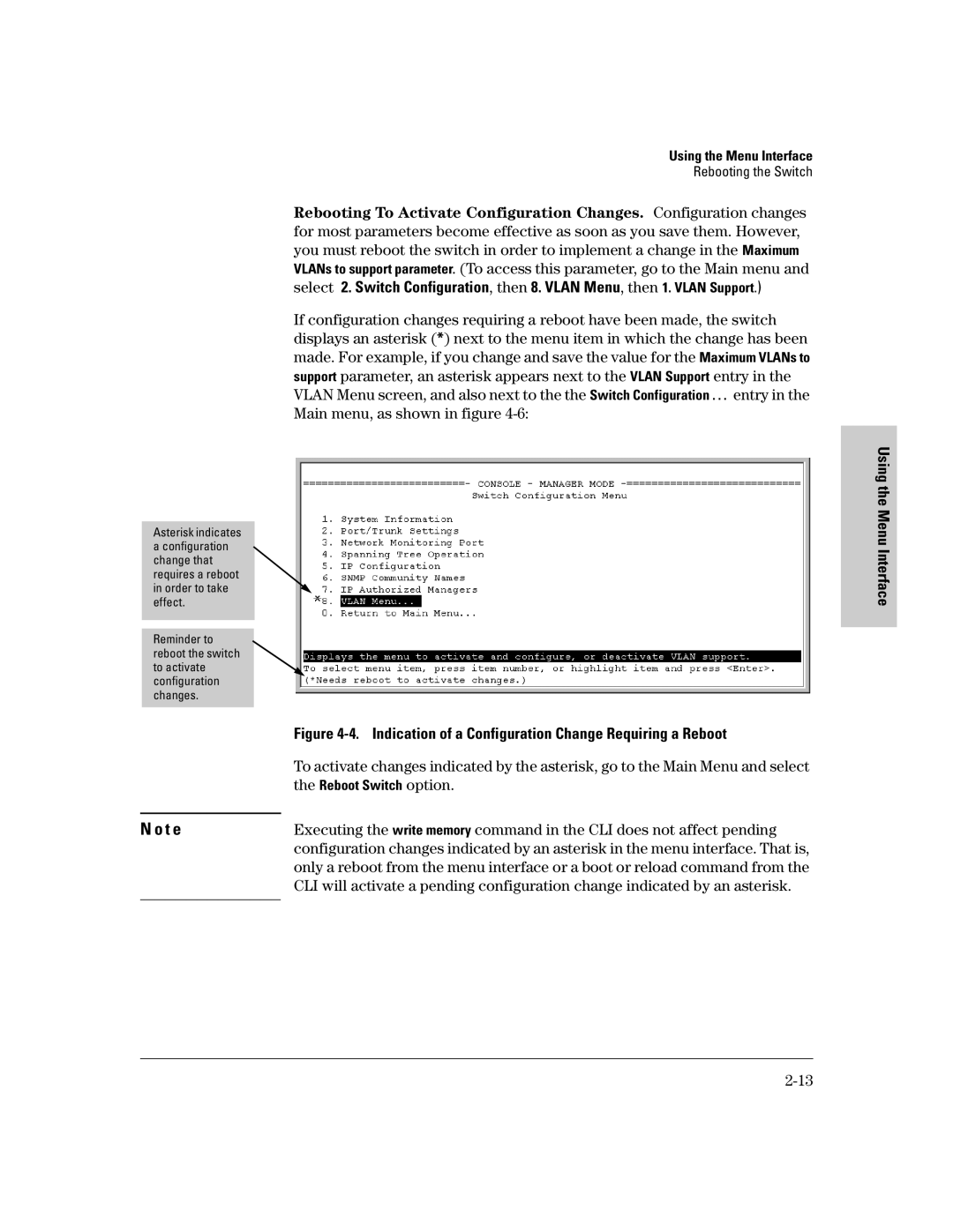 HP 2500 manual Indication of a Configuration Change Requiring a Reboot, Reboot Switch option 