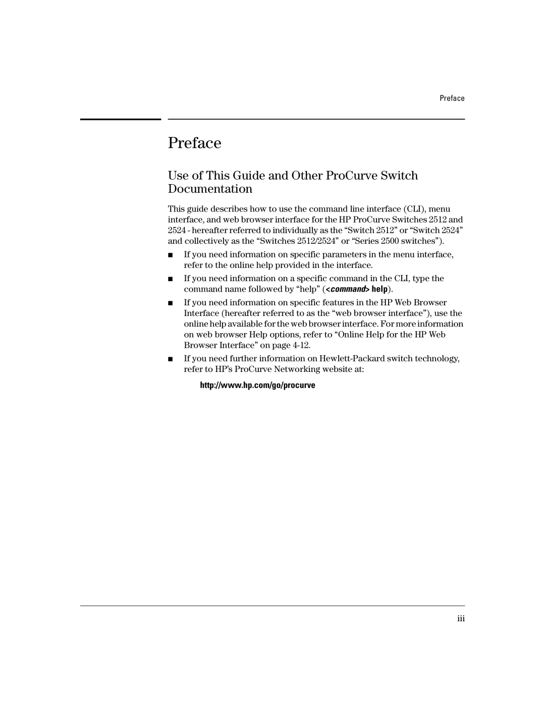 HP 2500 manual Preface, Use of This Guide and Other ProCurve Switch Documentation 