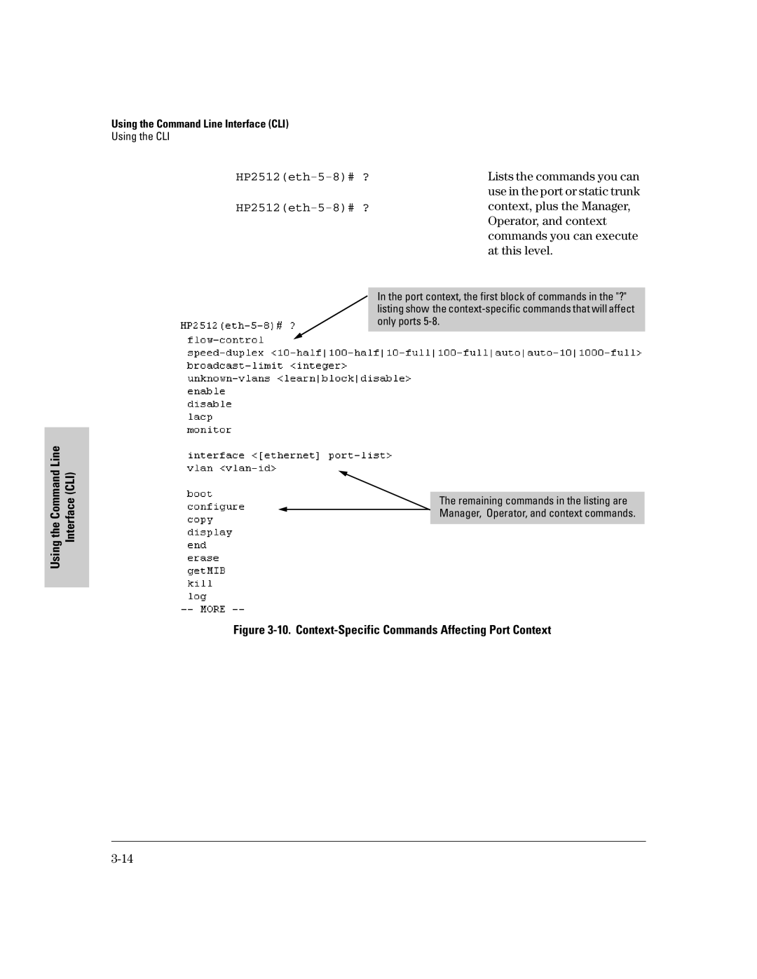 HP 2500 manual HP2512eth-5-8# ?, Context-Specific Commands Affecting Port Context 