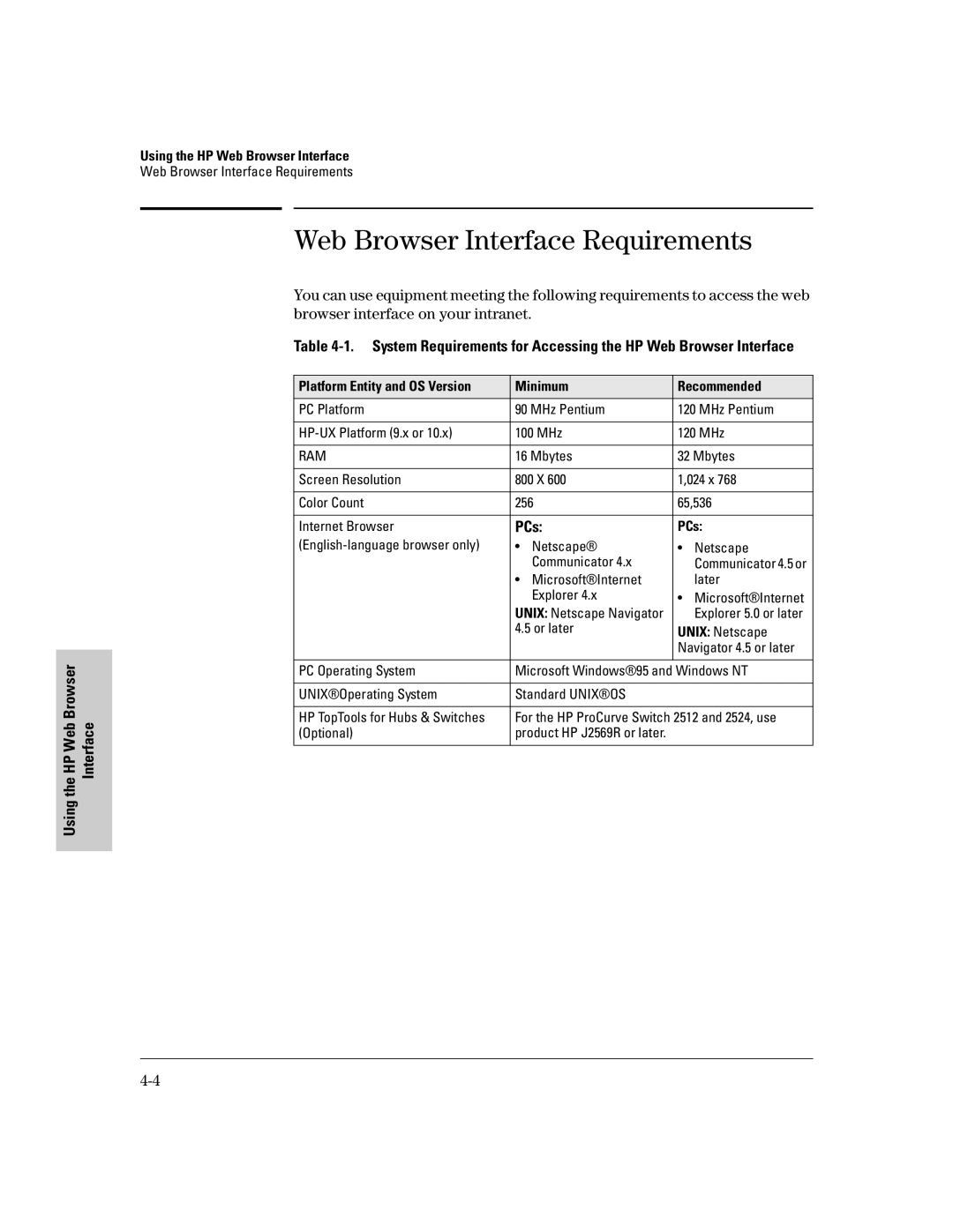 HP 2500 manual Web Browser Interface Requirements, PCs, Platform Entity and OS Version Minimum Recommended 