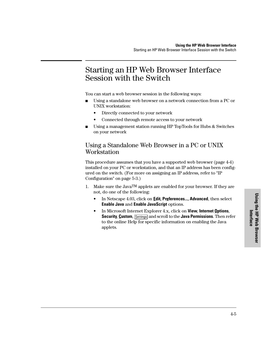 HP 2500 manual Using a Standalone Web Browser in a PC or Unix Workstation, Enable Java and Enable JavaScript options 