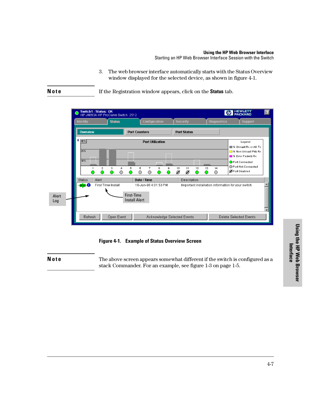 HP 2500 manual Window displayed for the selected device, as shown in figure, Example of Status Overview Screen 