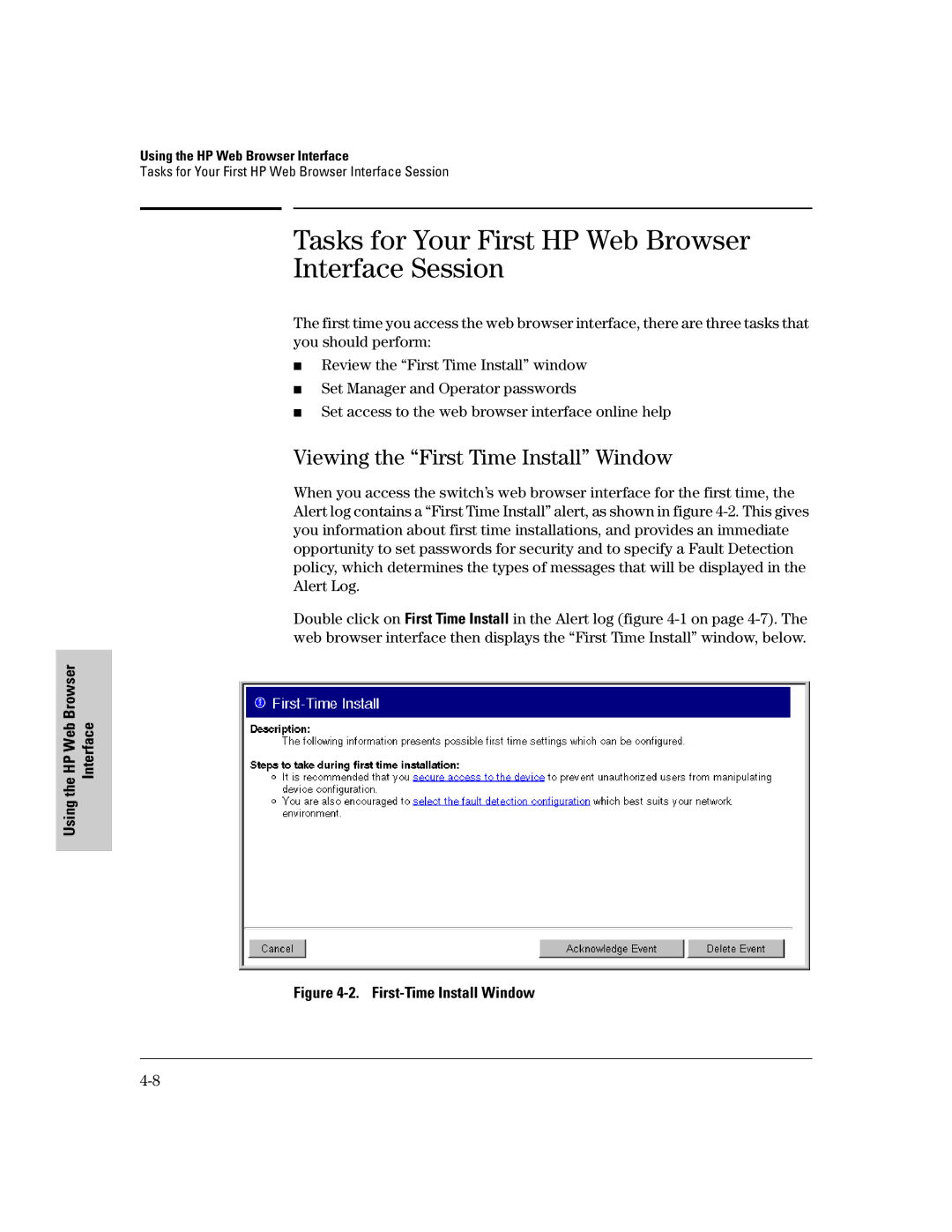 HP 2500 manual Tasks for Your First HP Web Browser Interface Session, Viewing the First Time Install Window 