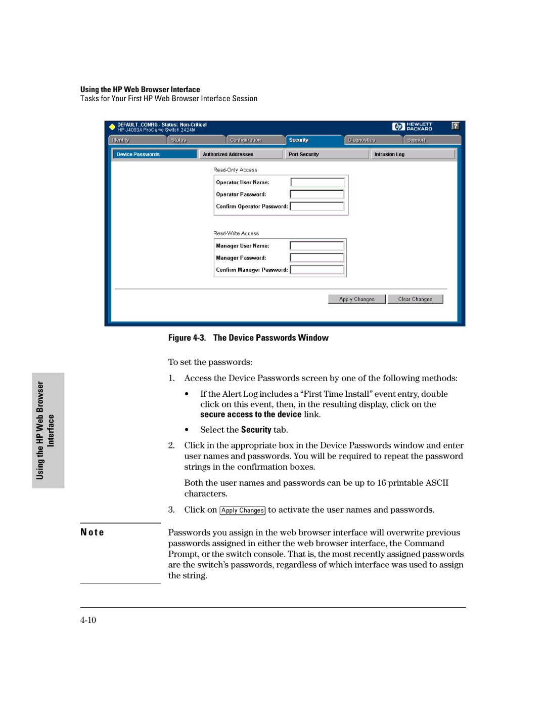 HP 2500 manual Device Passwords Window, String 