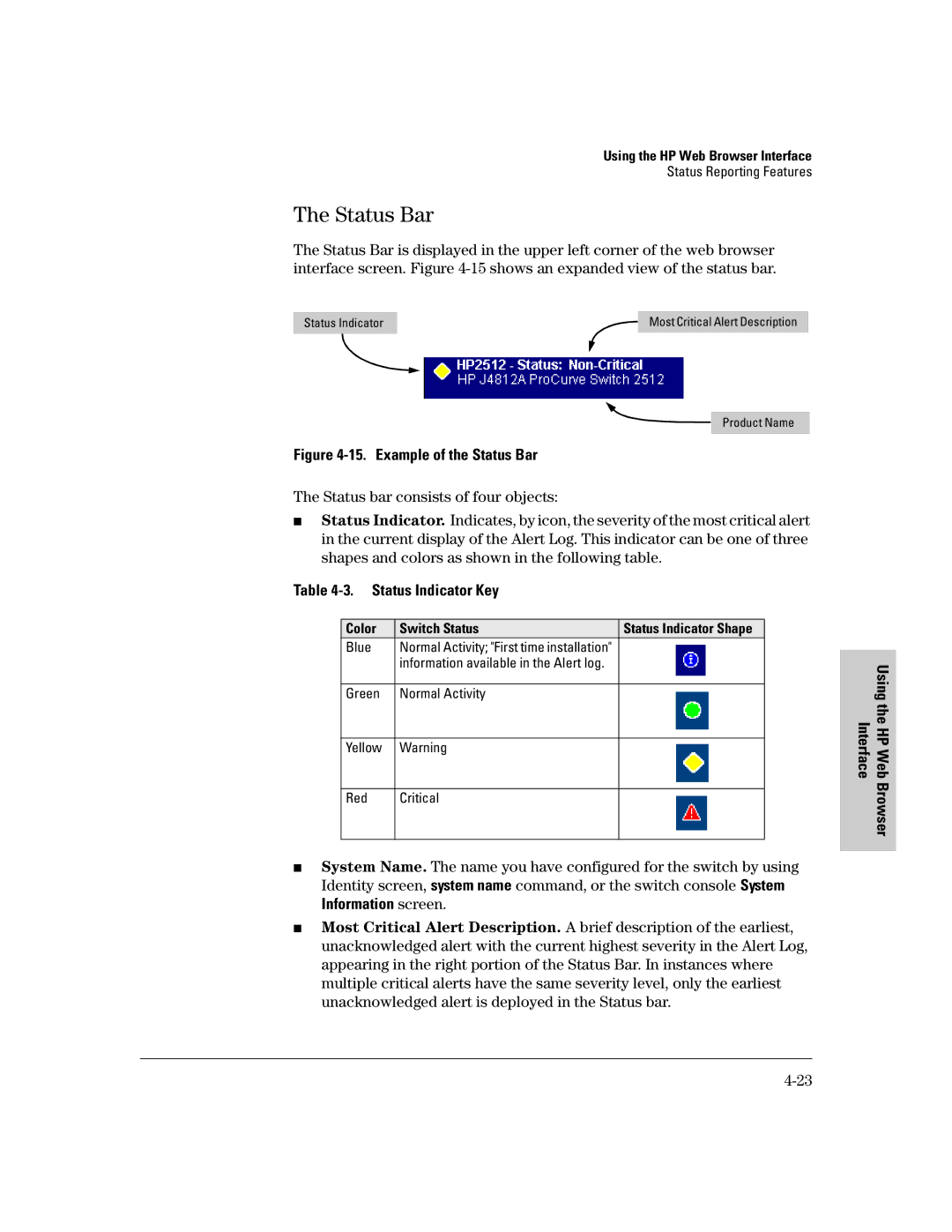 HP 2500 manual Status Bar, Status Indicator Key, Color Switch Status, Blue, Green Normal Activity Yellow Red Critical 