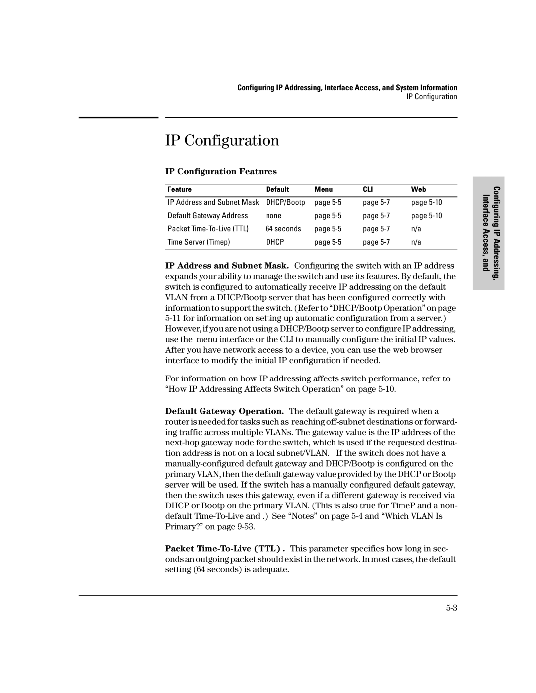 HP 2500 manual IP Configuration Features, Feature Default Menu, Web 