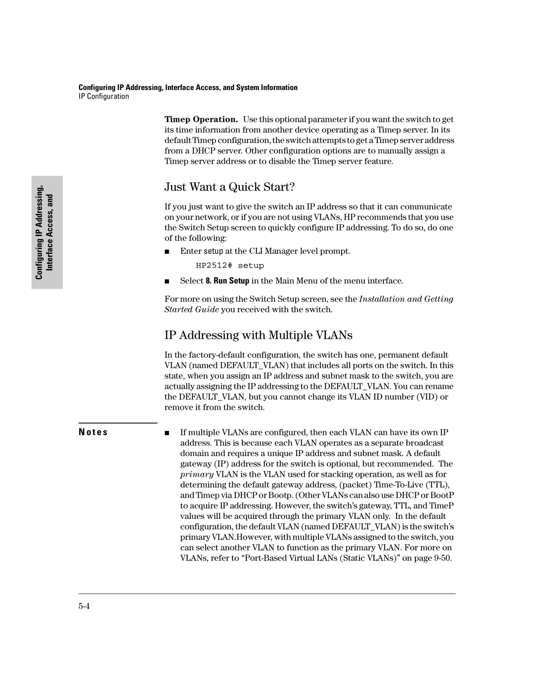 HP 2500 manual Just Want a Quick Start?, IP Addressing with Multiple VLANs, HP2512# setup, Remove it from the switch 