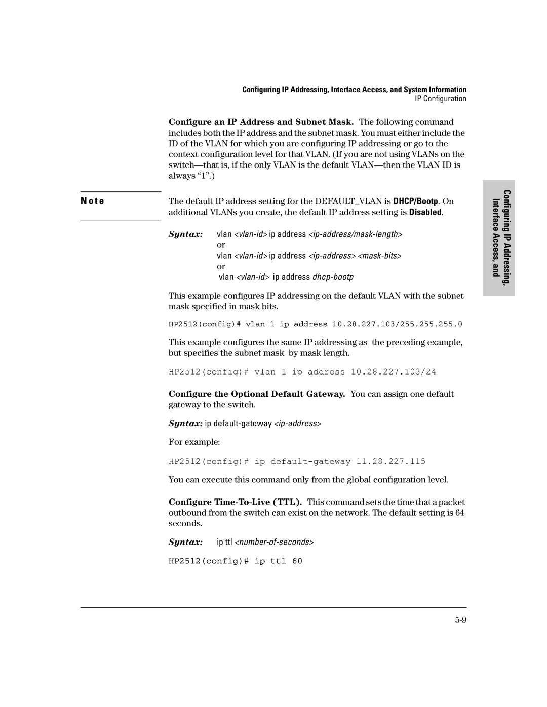 HP 2500 manual HP2512config# ip ttl 