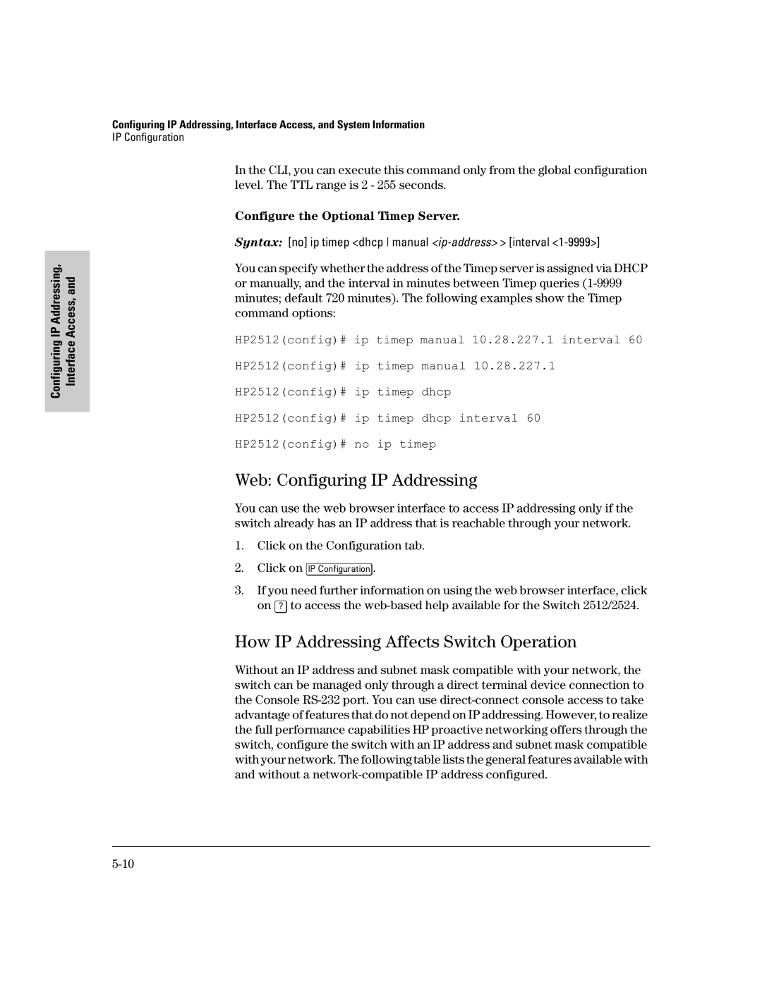 HP 2500 Web Configuring IP Addressing, How IP Addressing Affects Switch Operation, Configure the Optional Timep Server 