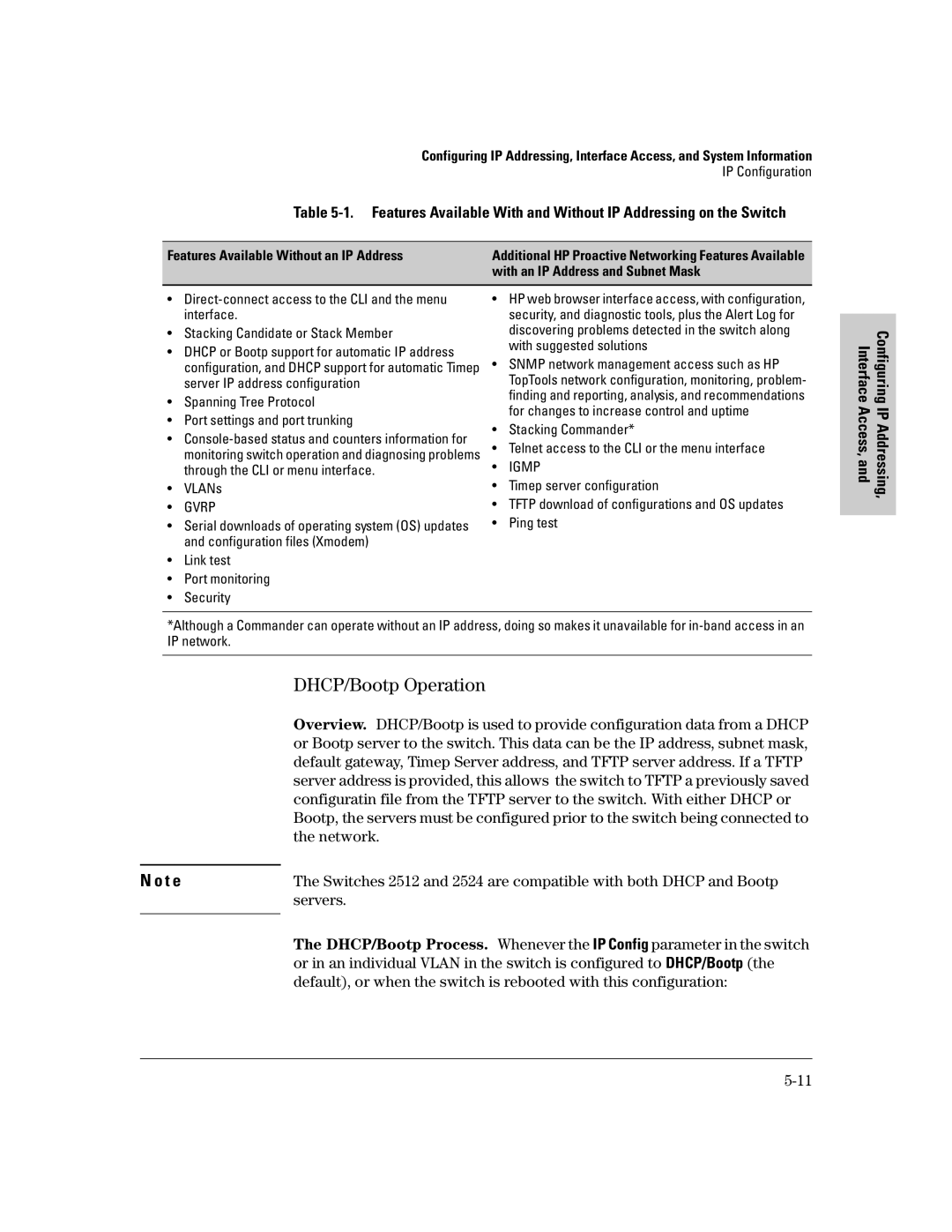 HP 2500 manual DHCP/Bootp Operation, Network, Servers, Features Available Without an IP Address 