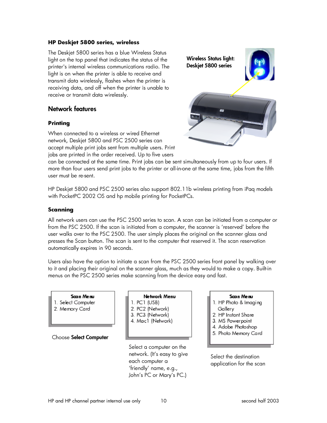 HP 2500 manual Network features, HP Deskjet 5800 series, wireless, Printing, Scanning 