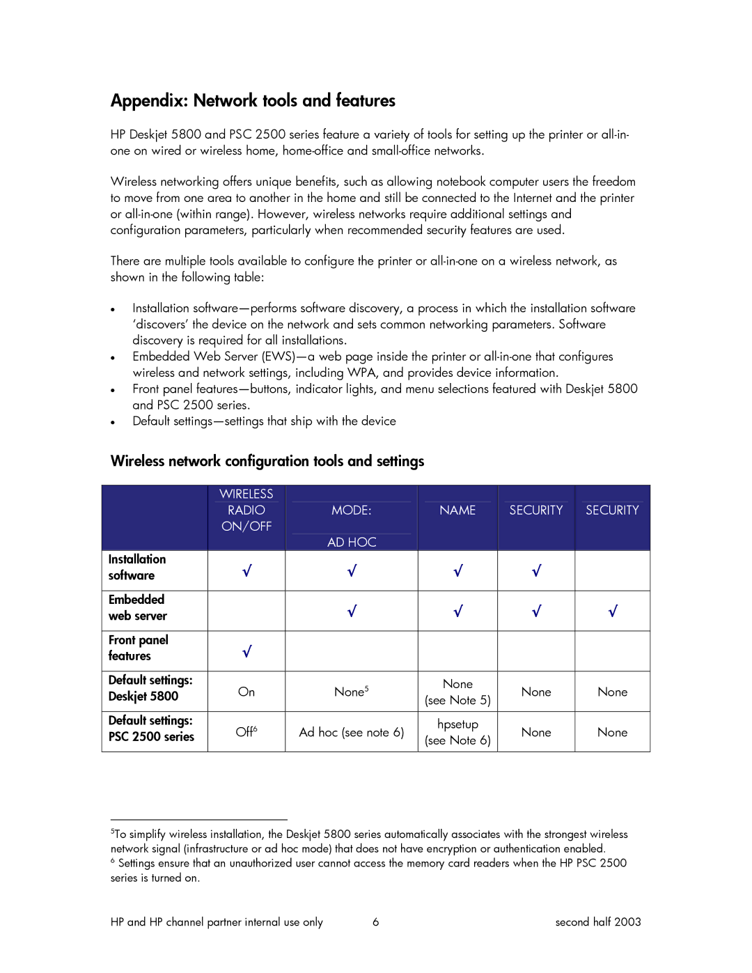 HP manual Wireless network configuration tools and settings, None PSC 2500 series See Note 