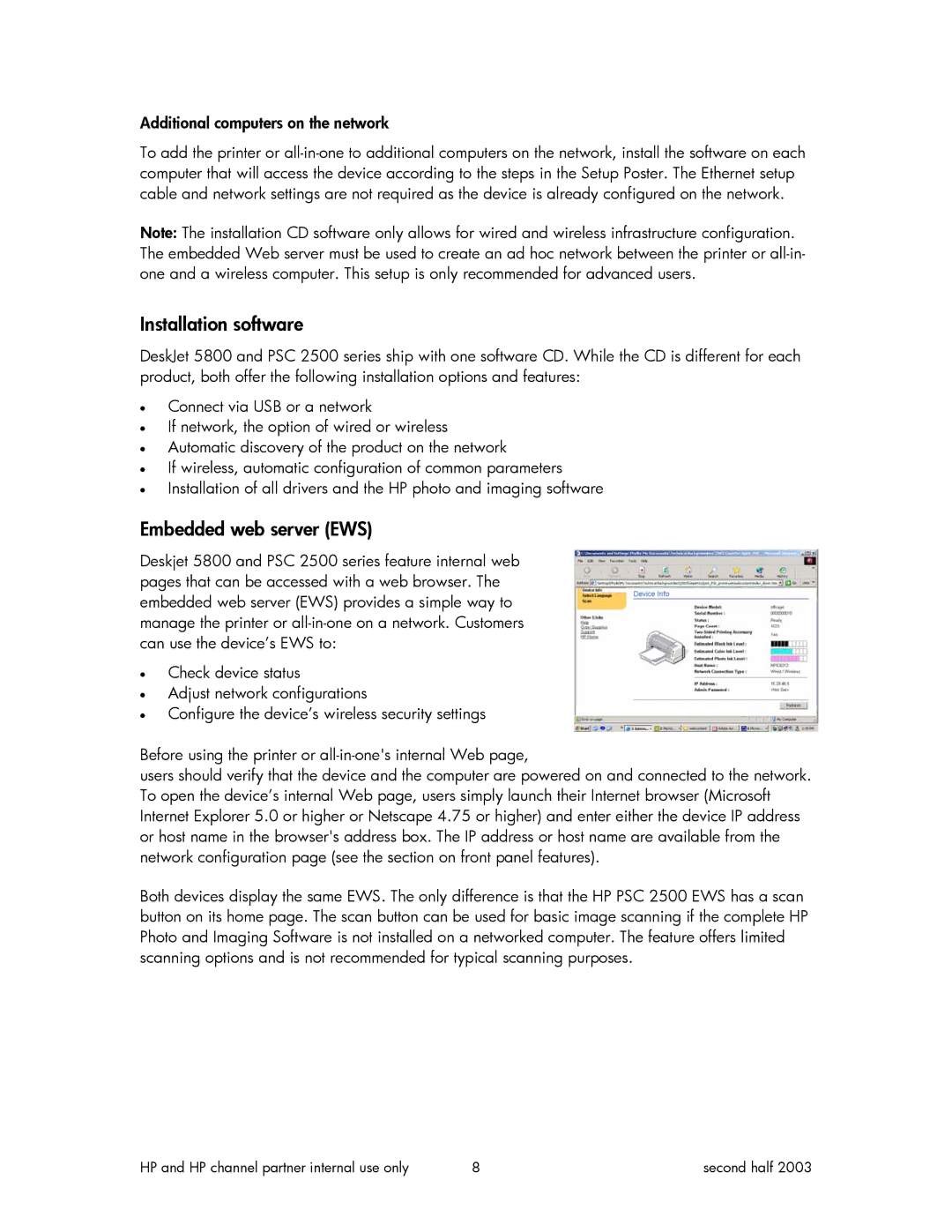 HP 2500 manual Installation software, Embedded web server EWS, Additional computers on the network 