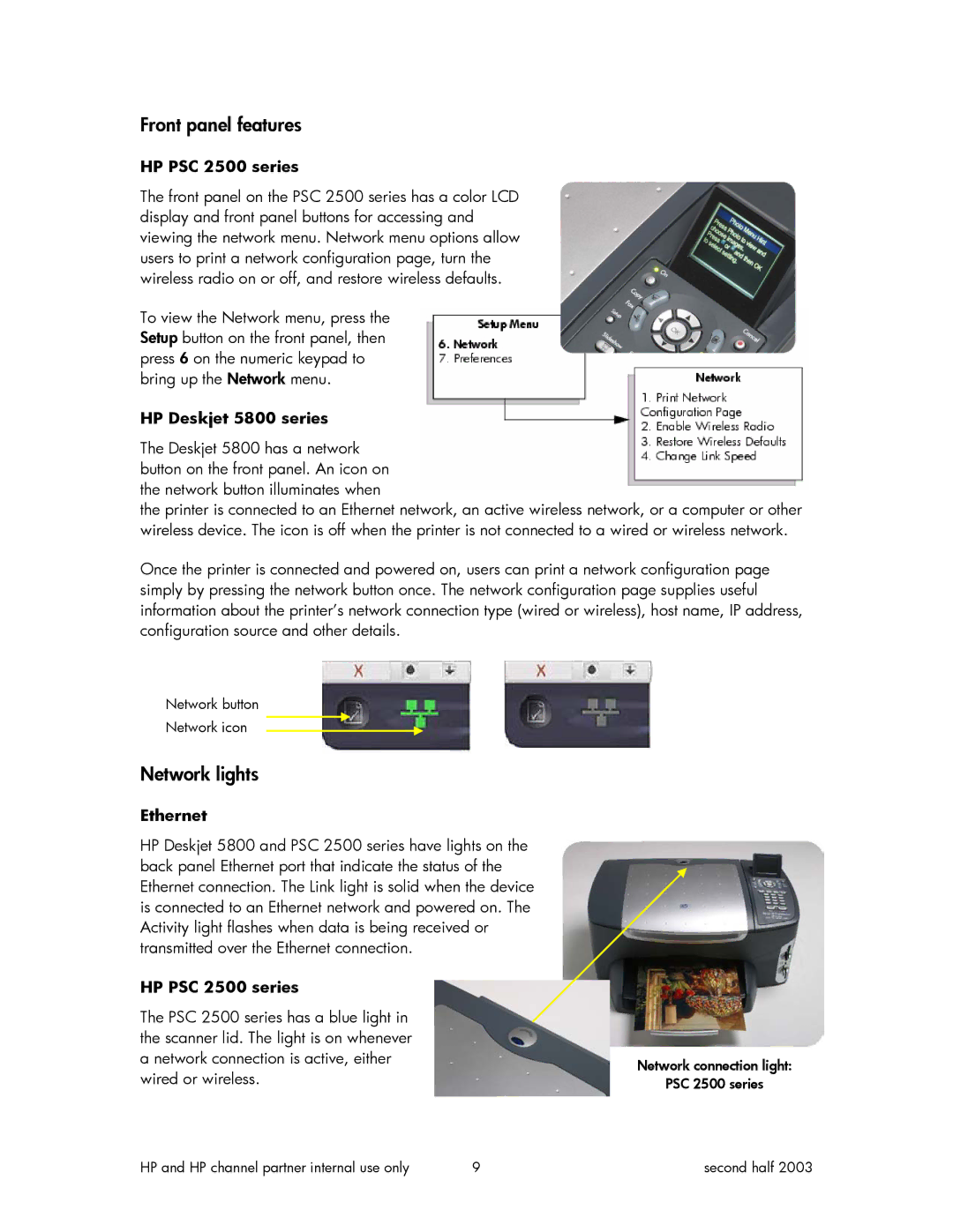 HP manual Front panel features, Network lights, HP PSC 2500 series, HP Deskjet 5800 series, Ethernet 