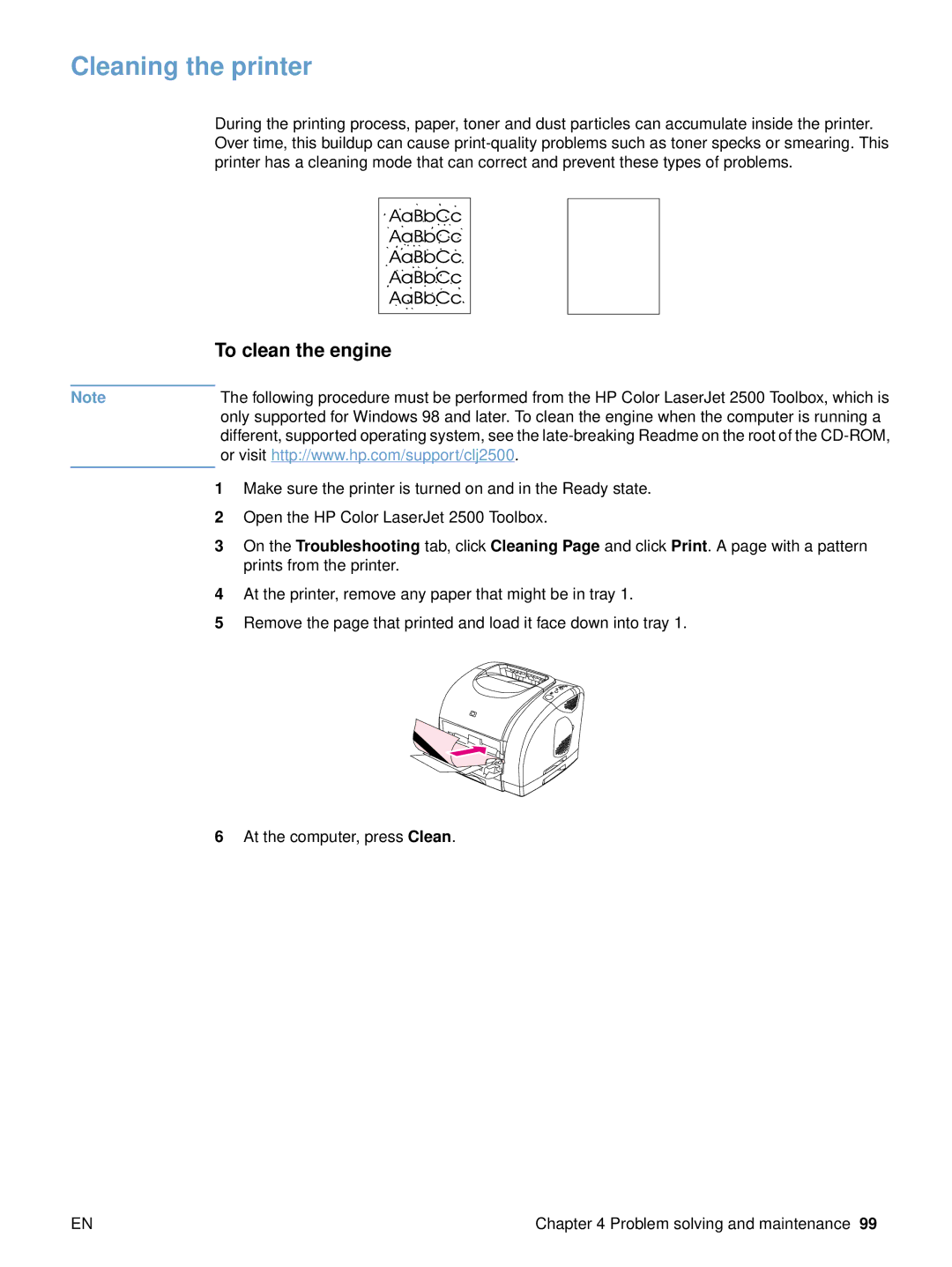 HP 2500 manual Cleaning the printer, To clean the engine 