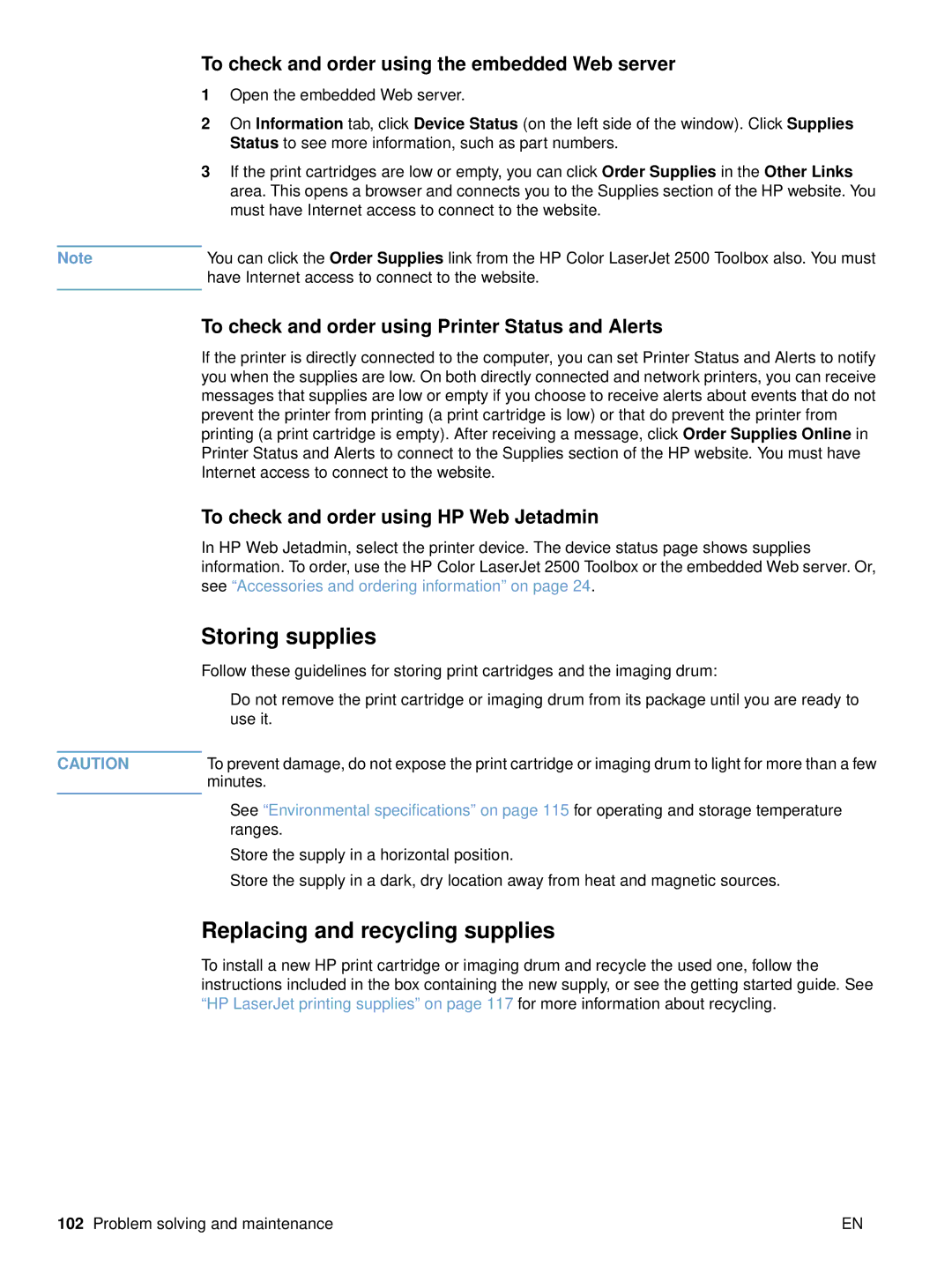 HP 2500 manual Storing supplies, Replacing and recycling supplies, To check and order using the embedded Web server 