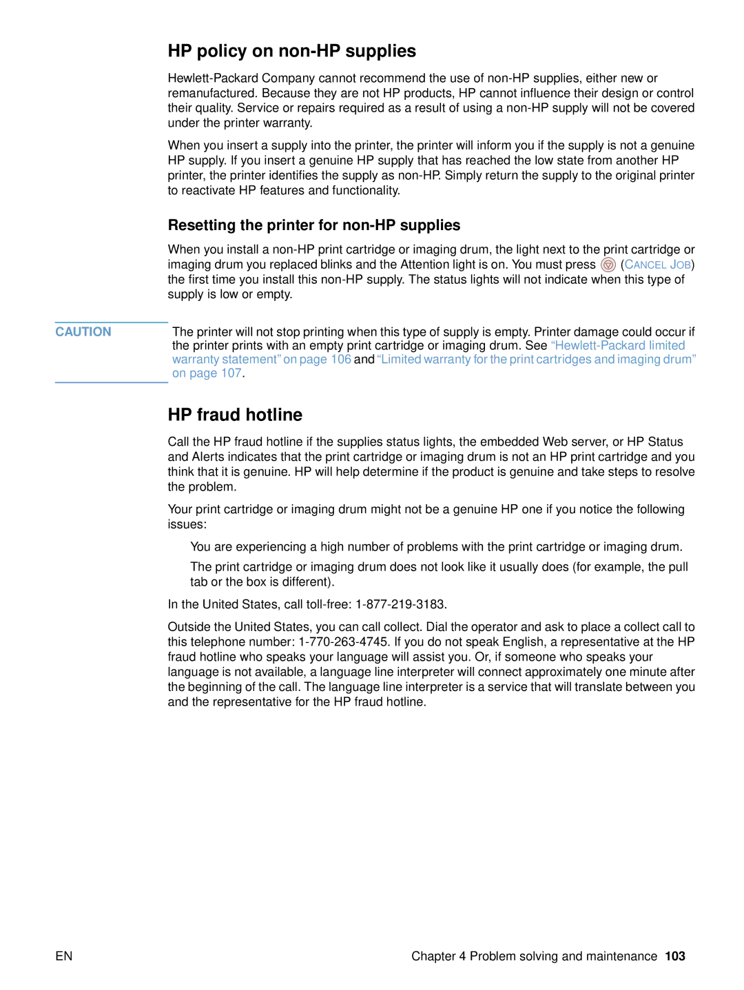 HP 2500 manual HP policy on non-HP supplies, HP fraud hotline, Resetting the printer for non-HP supplies 