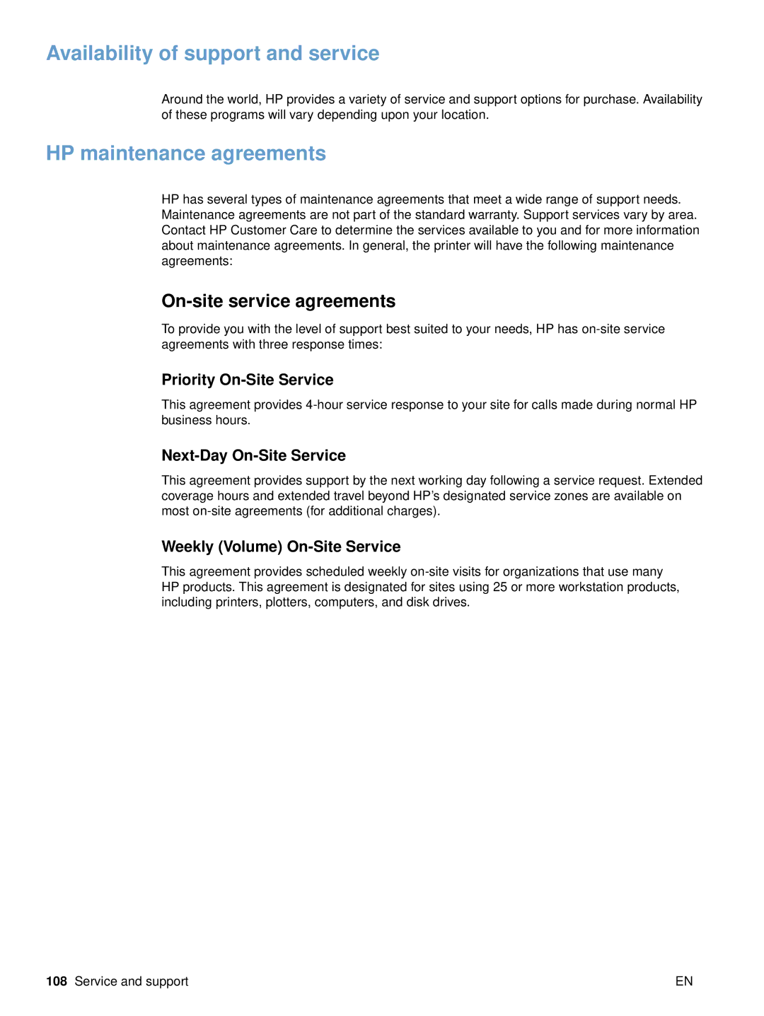 HP 2500 manual Availability of support and service, HP maintenance agreements, On-site service agreements 