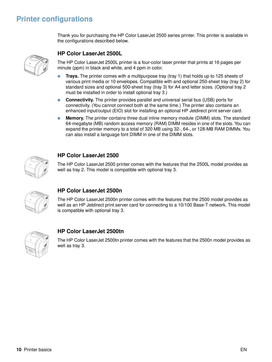 HP manual Printer configurations, HP Color LaserJet 2500L, HP Color LaserJet 2500n, HP Color LaserJet 2500tn 