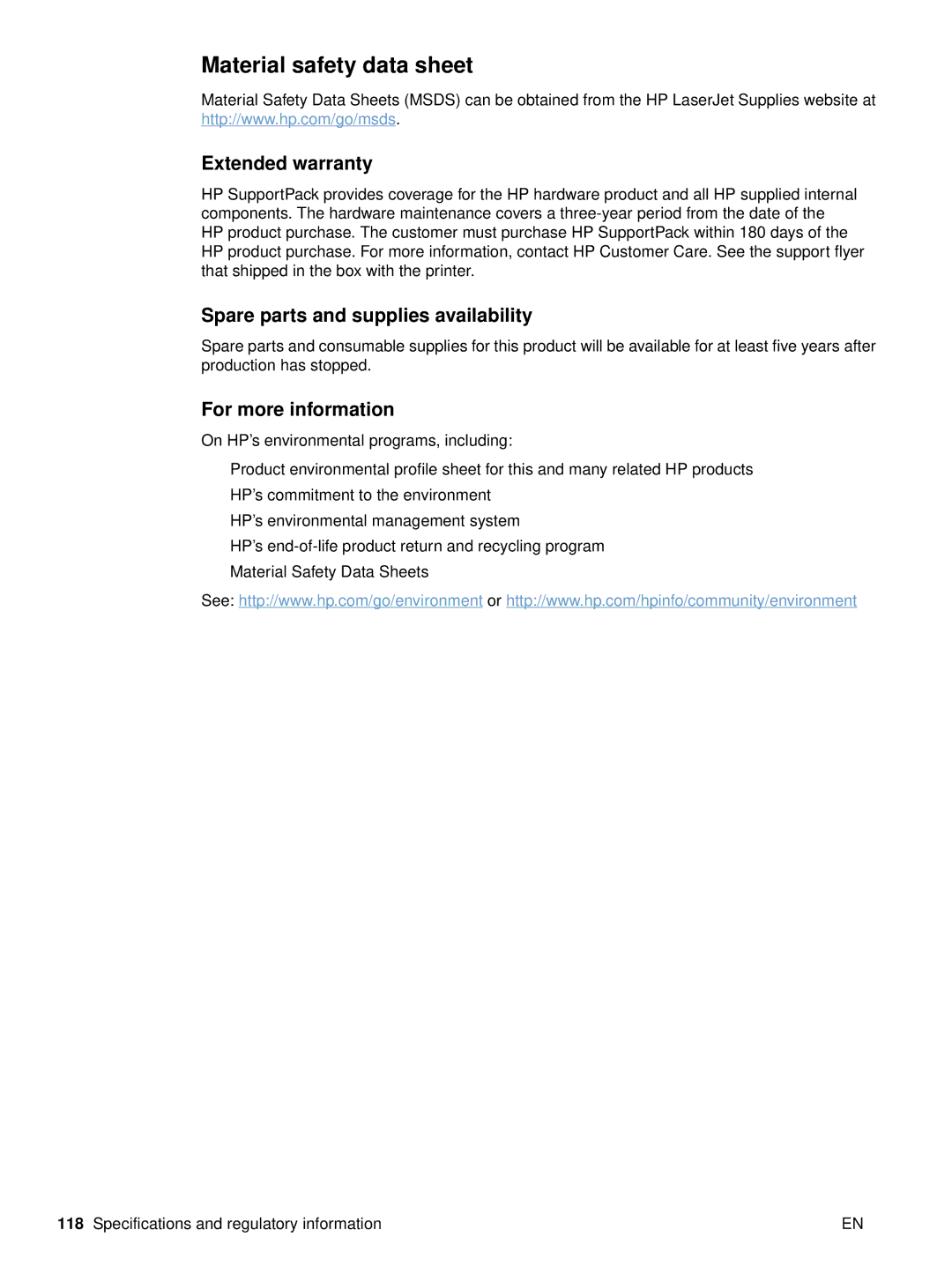 HP 2500 manual Material safety data sheet, Extended warranty, Spare parts and supplies availability, For more information 