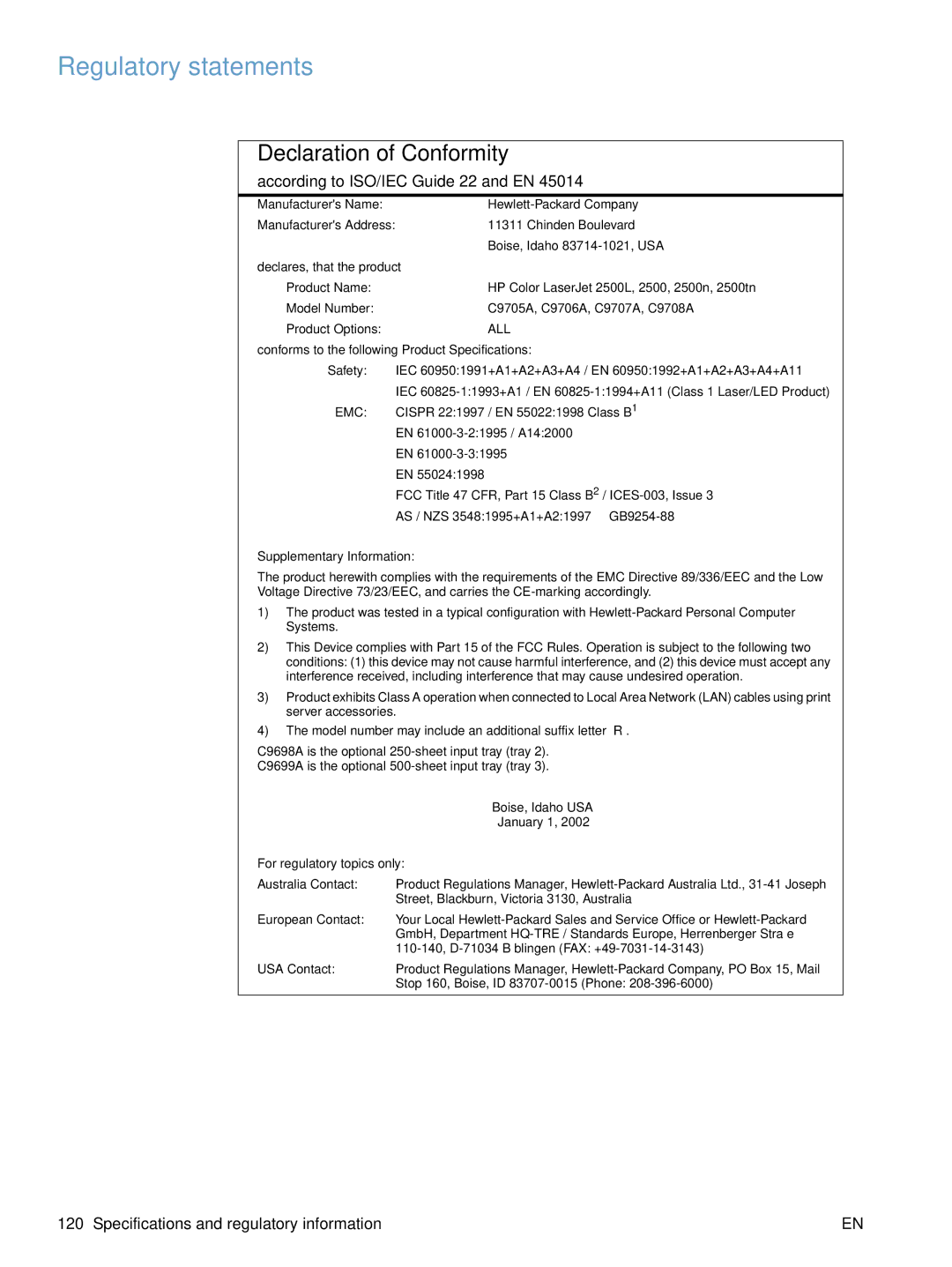 HP 2500 manual Regulatory statements, Declaration of Conformity 