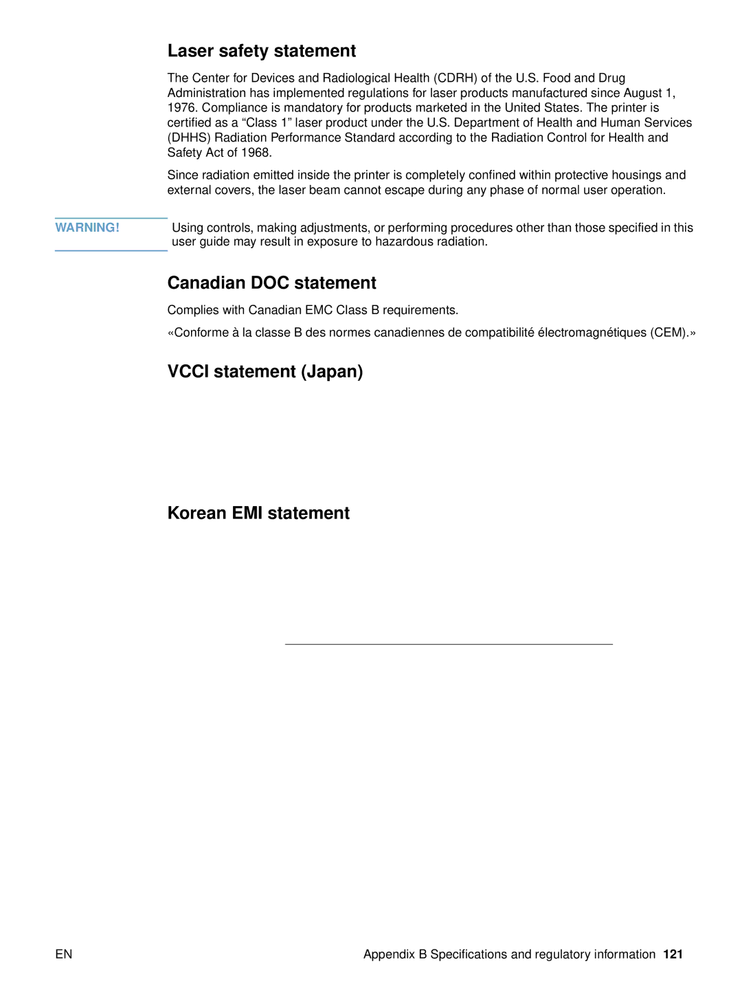 HP 2500 manual Laser safety statement, Canadian DOC statement, Vcci statement Japan Korean EMI statement 