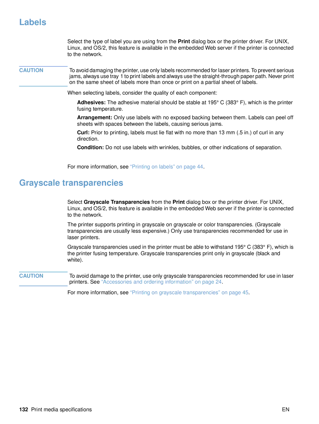 HP 2500 manual Labels, Grayscale transparencies 