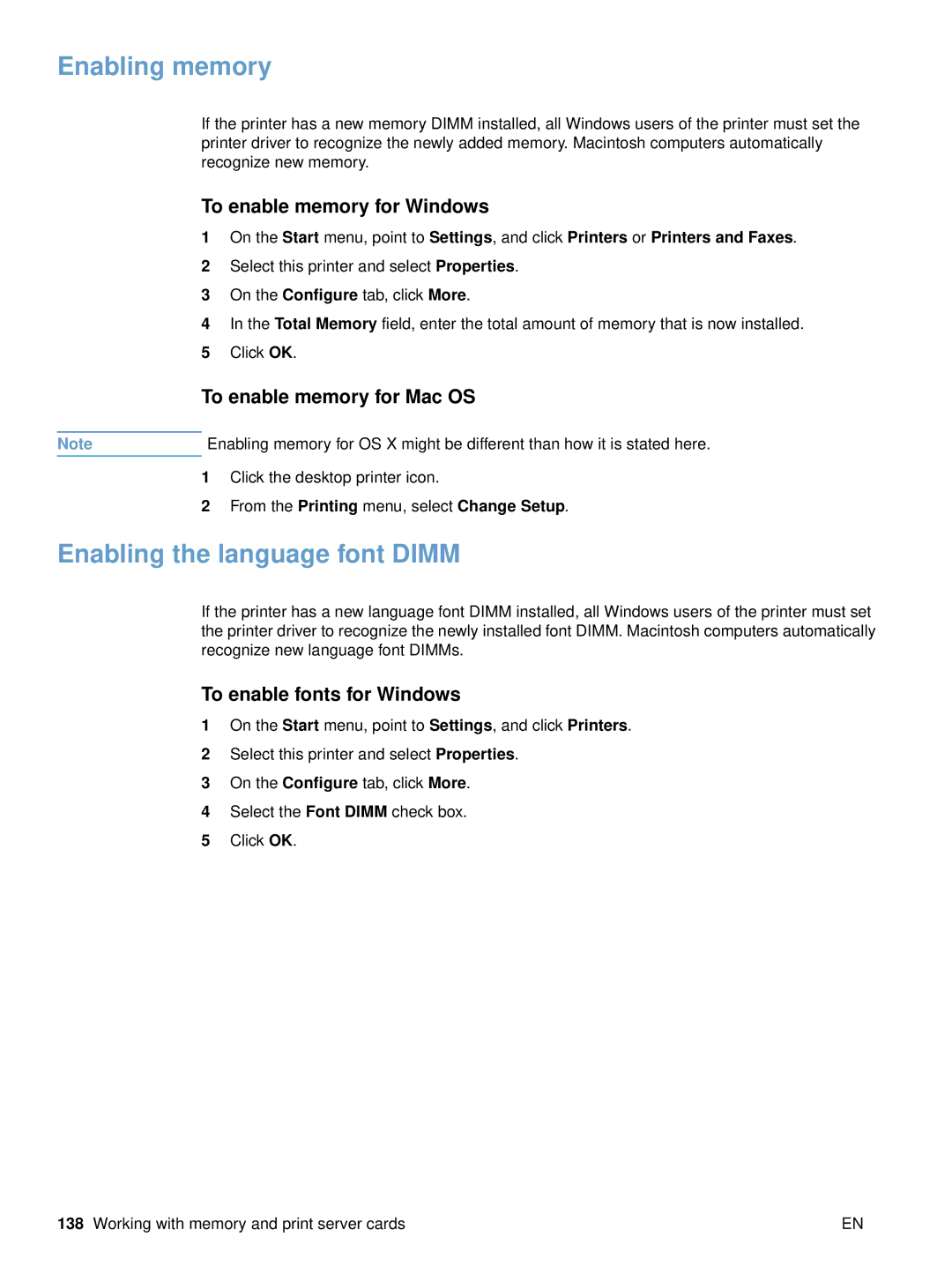 HP 2500 manual Enabling memory, Enabling the language font Dimm, To enable memory for Windows, To enable memory for Mac OS 