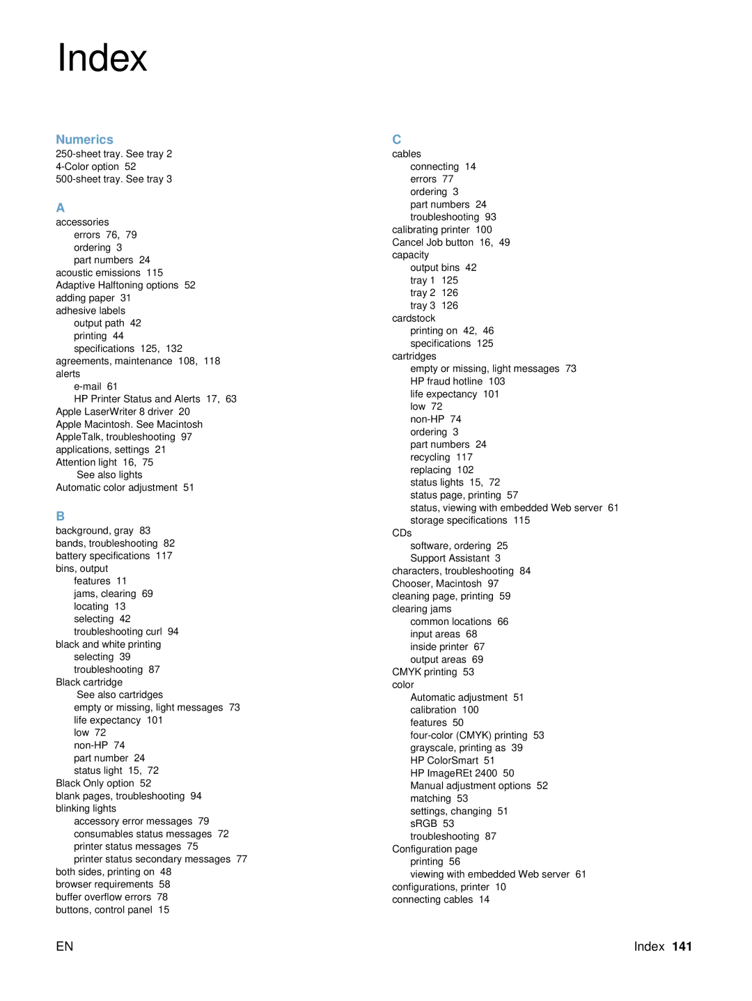 HP 2500 manual Index 