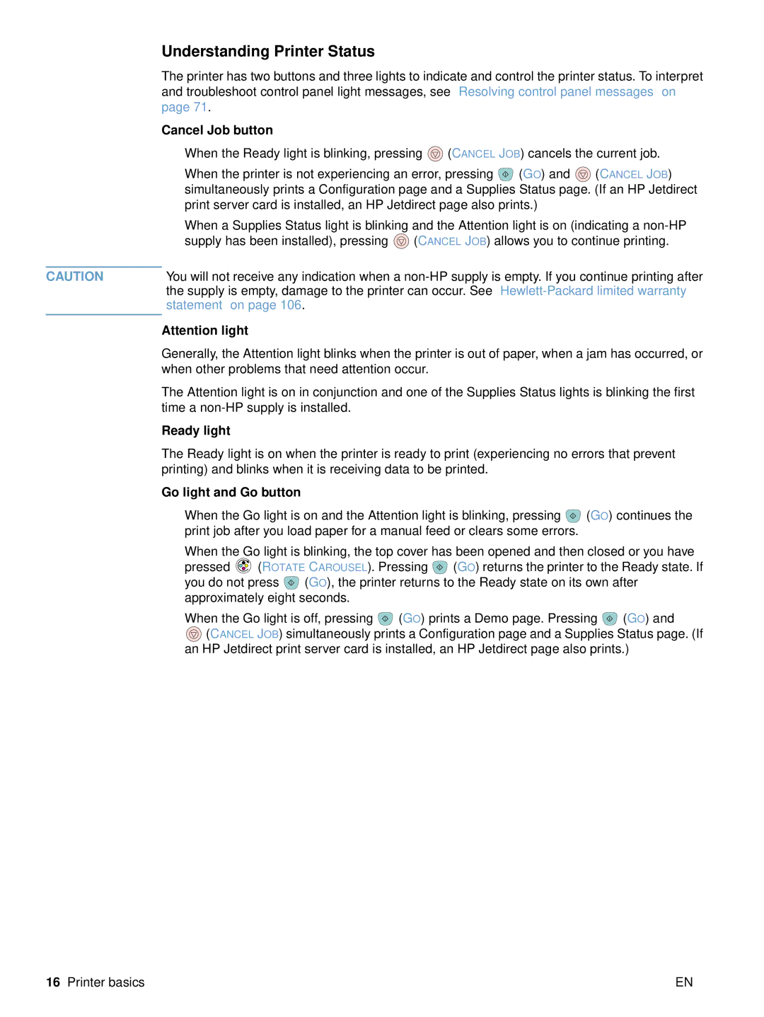 HP 2500 manual Understanding Printer Status, Cancel Job button, Ready light, Go light and Go button 