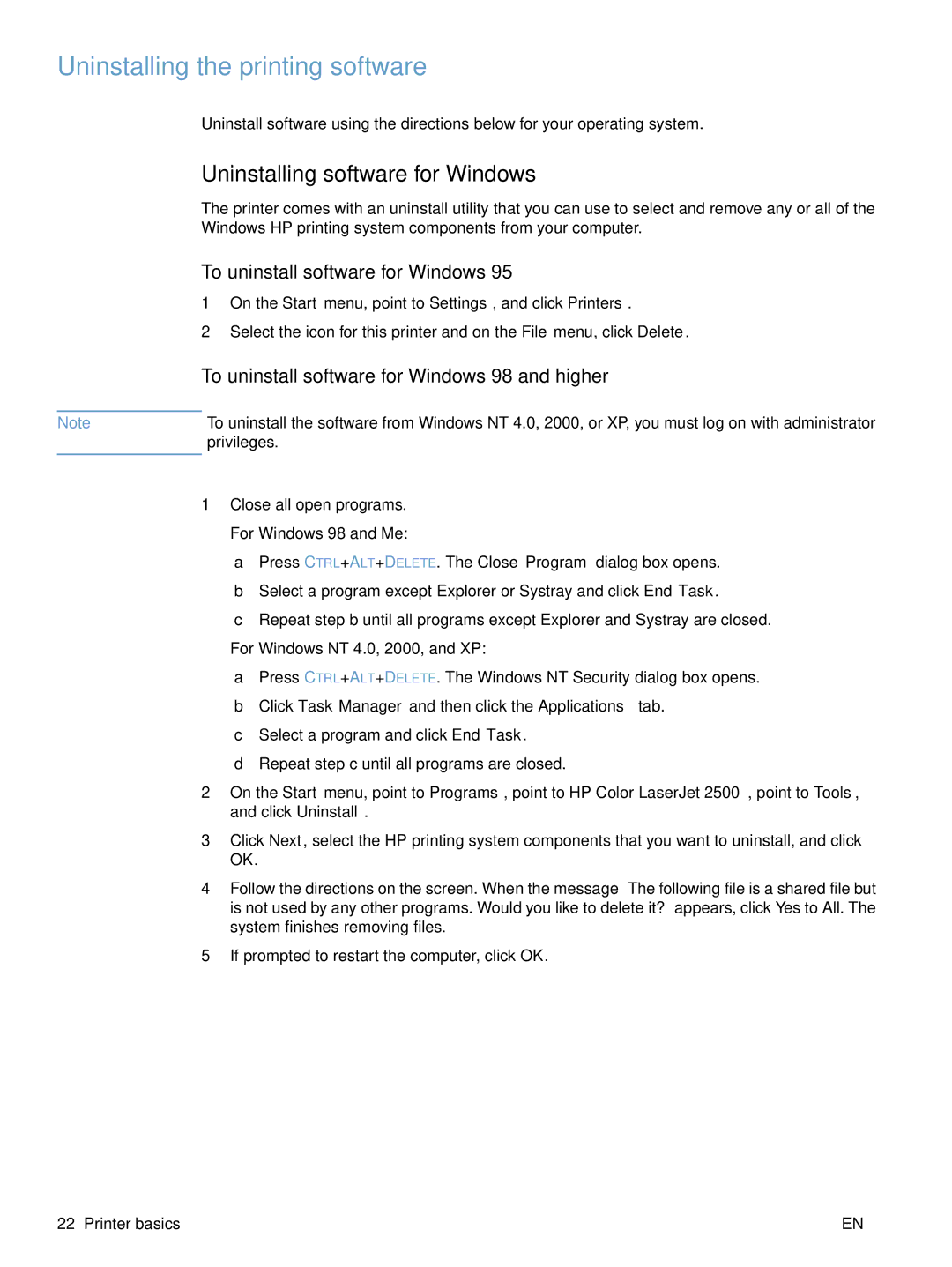 HP 2500 manual Uninstalling the printing software, Uninstalling software for Windows, To uninstall software for Windows 