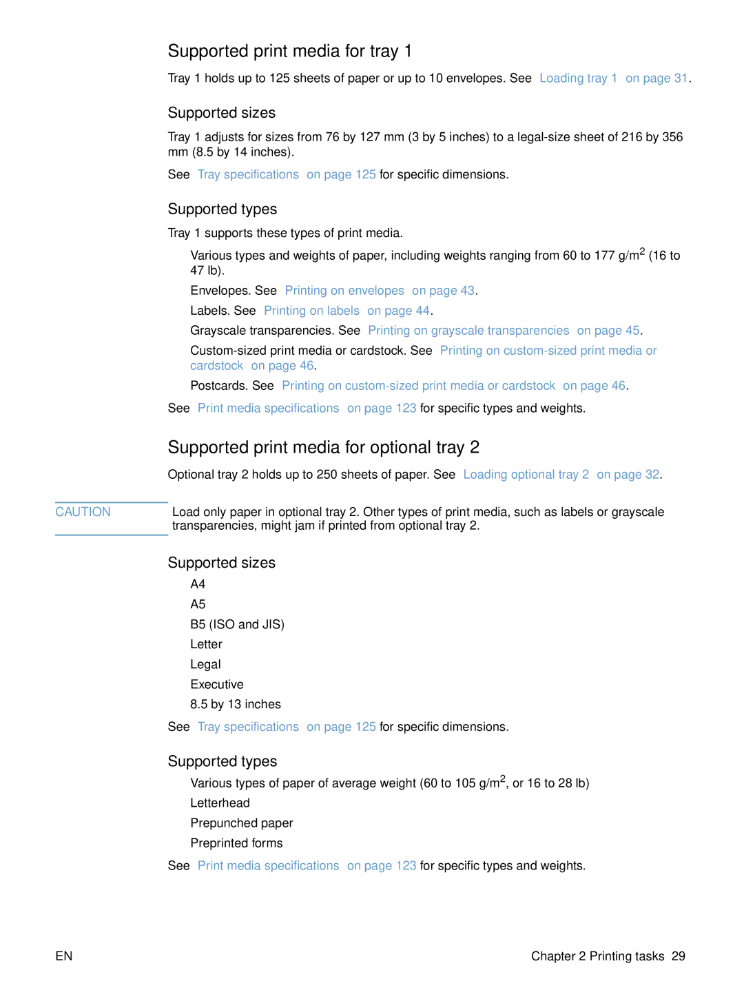 HP 2500 manual Supported print media for tray, Supported print media for optional tray, Supported sizes, Supported types 