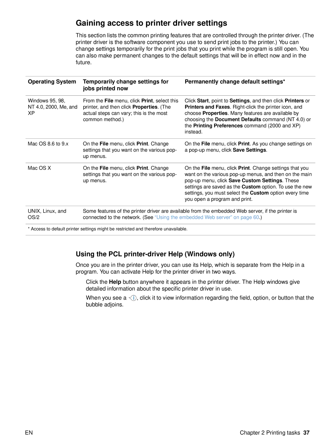 HP 2500 manual Gaining access to printer driver settings, Using the PCL printer-driver Help Windows only 