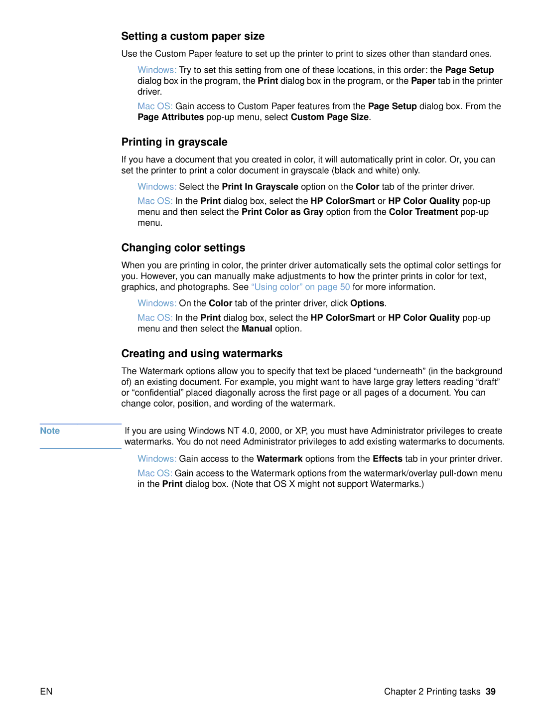 HP 2500 manual Setting a custom paper size, Changing color settings, Creating and using watermarks 