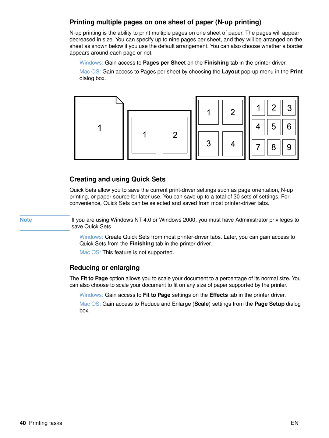 HP 2500 Printing multiple pages on one sheet of paper N-up printing, Creating and using Quick Sets, Reducing or enlarging 