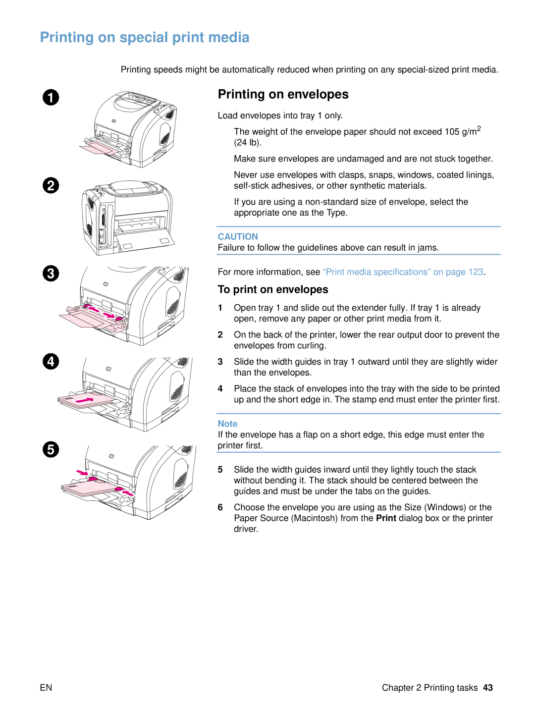 HP 2500 manual Printing on special print media, Printing on envelopes, To print on envelopes 