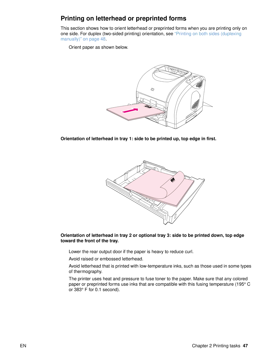 HP 2500 manual Printing on letterhead or preprinted forms 