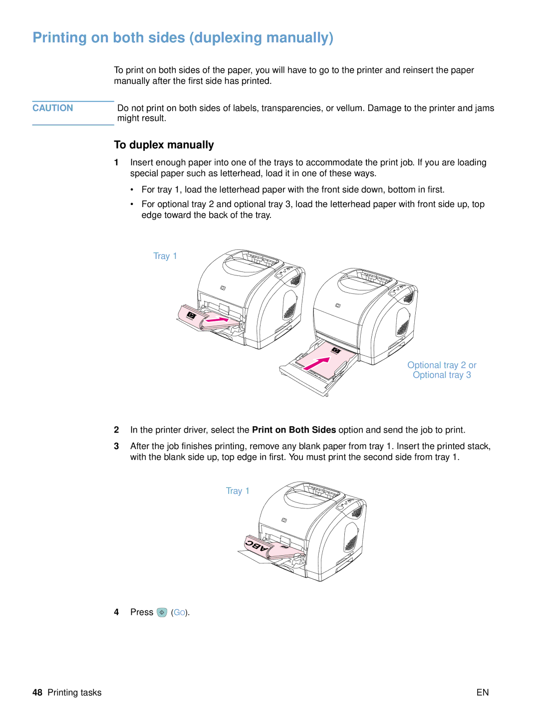 HP 2500 Printing on both sides duplexing manually, To duplex manually 