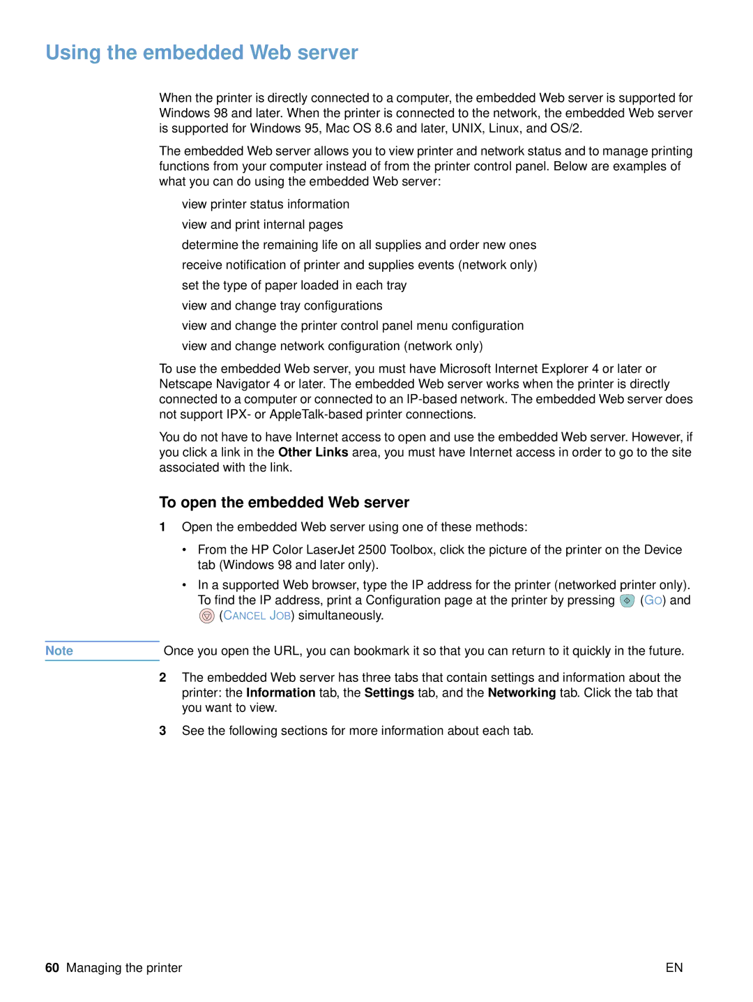 HP 2500 manual Using the embedded Web server, To open the embedded Web server 