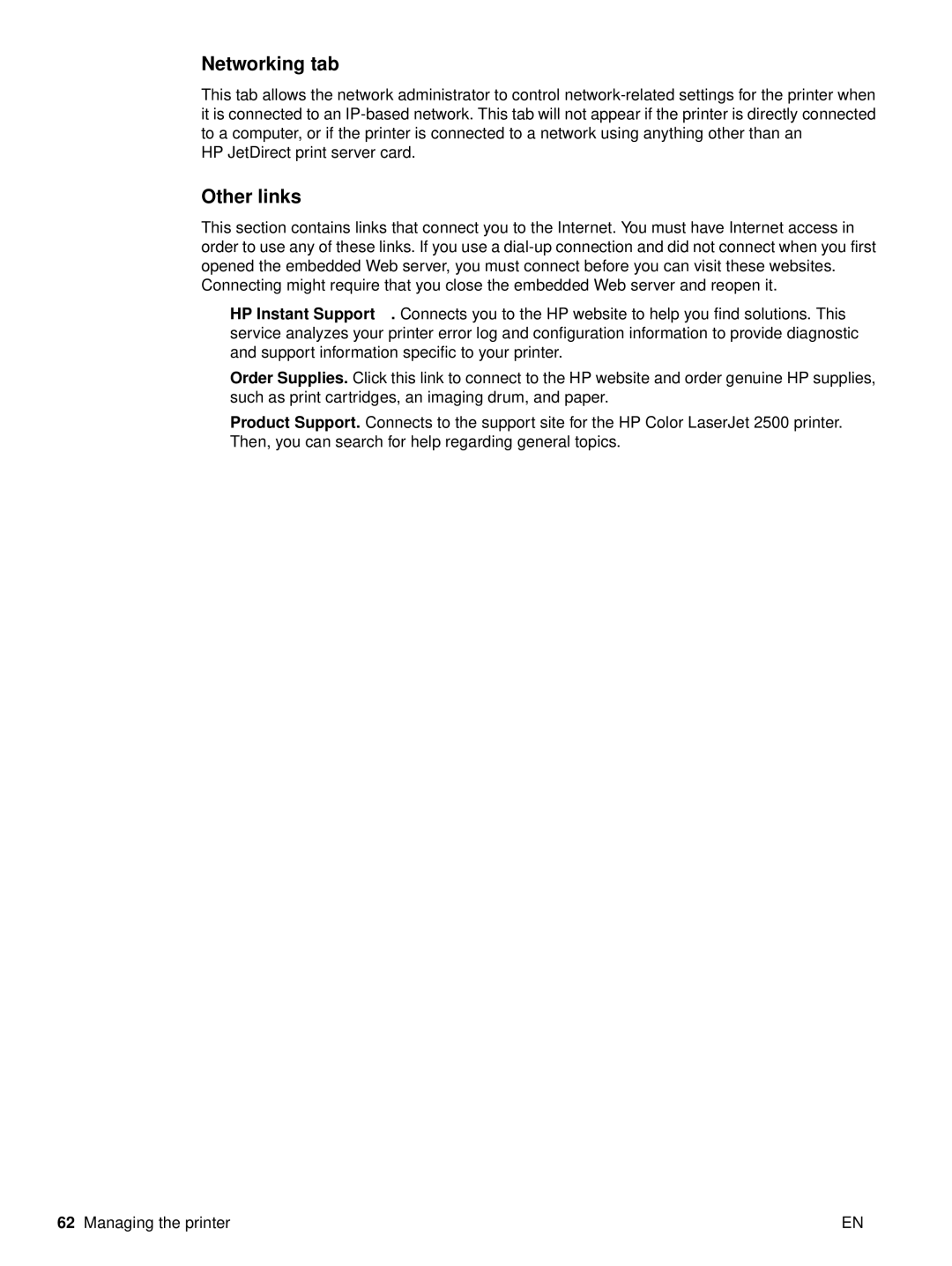 HP 2500 manual Networking tab, Other links 