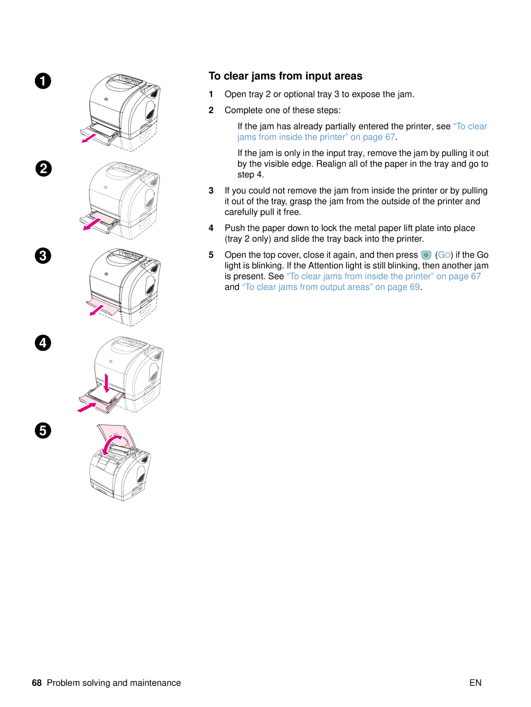 HP 2500 manual To clear jams from input areas, Jams from inside the printer on 