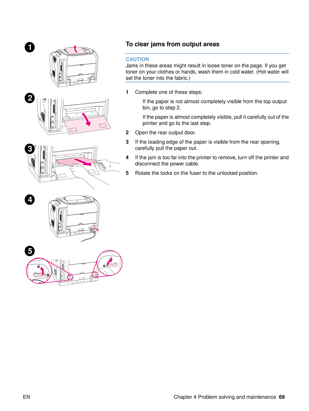 HP 2500 manual To clear jams from output areas 