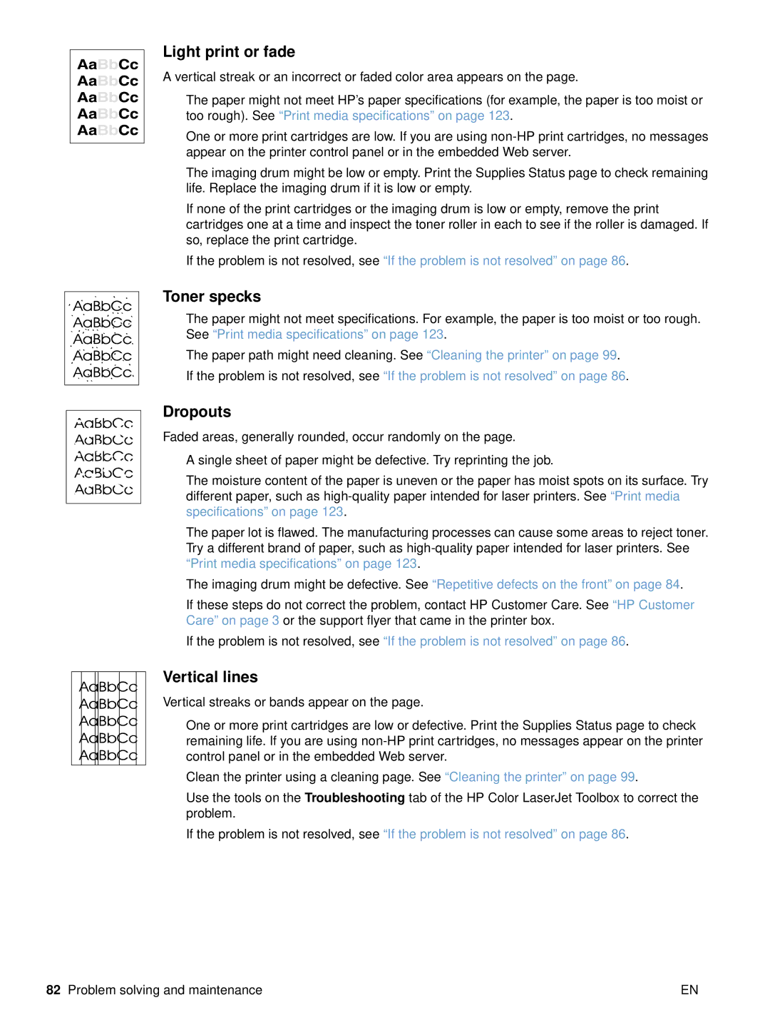 HP 2500 manual Light print or fade, Toner specks, Dropouts, Vertical lines 