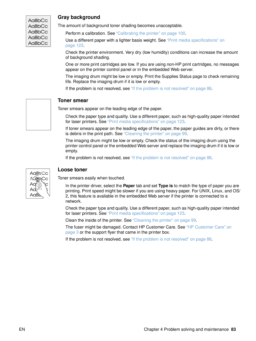 HP 2500 manual Gray background, Toner smear, Loose toner 